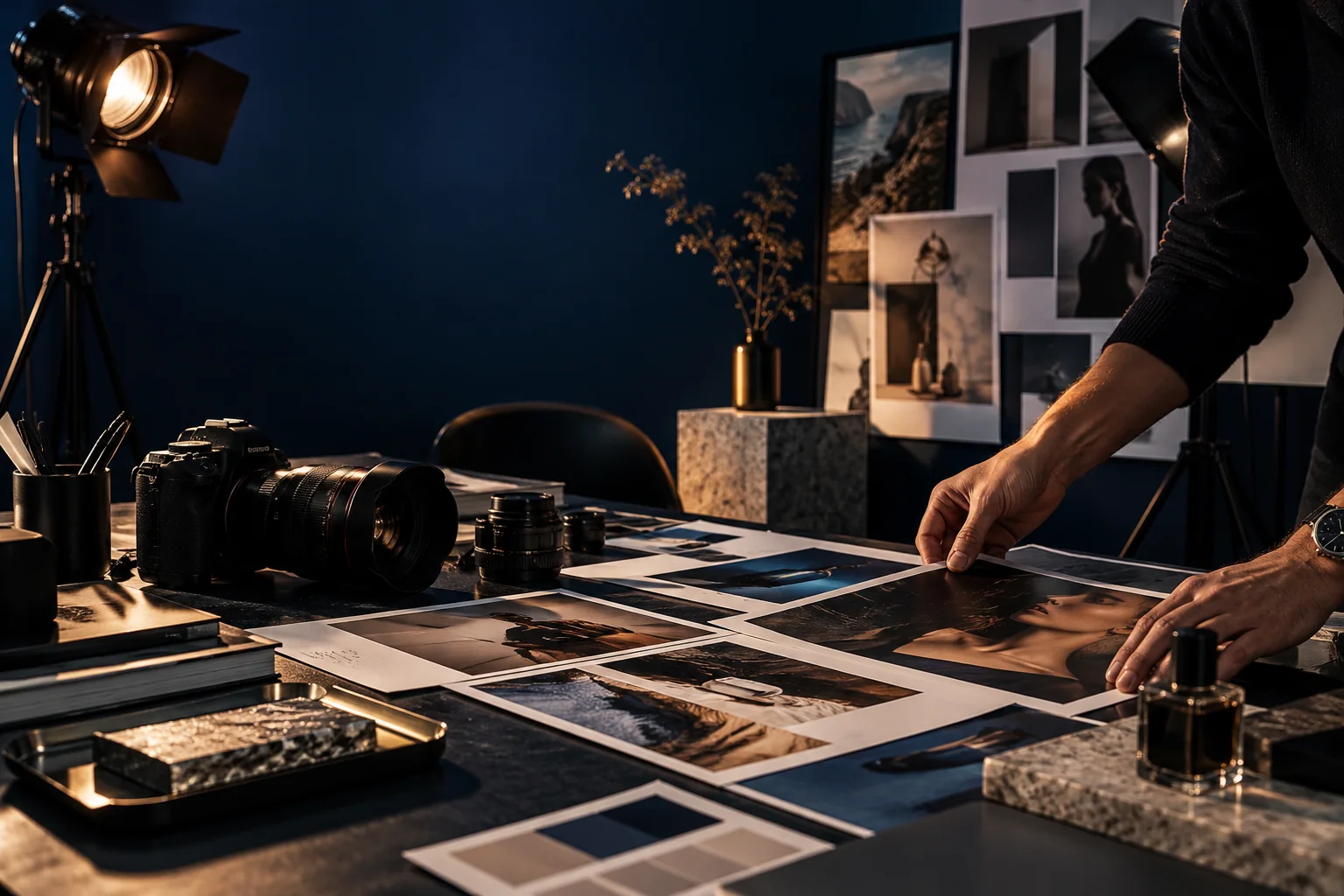 Creative production desk with photography equipment and moodboards